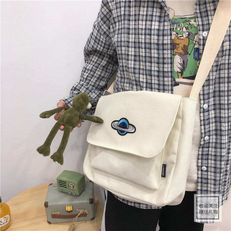 Shopping Bags Women Canvas Printed Harajuku Simple Students Casual Flap All-match Single-shoulder Korean Daily Chic Ulzzang Bag: 6 no pendant