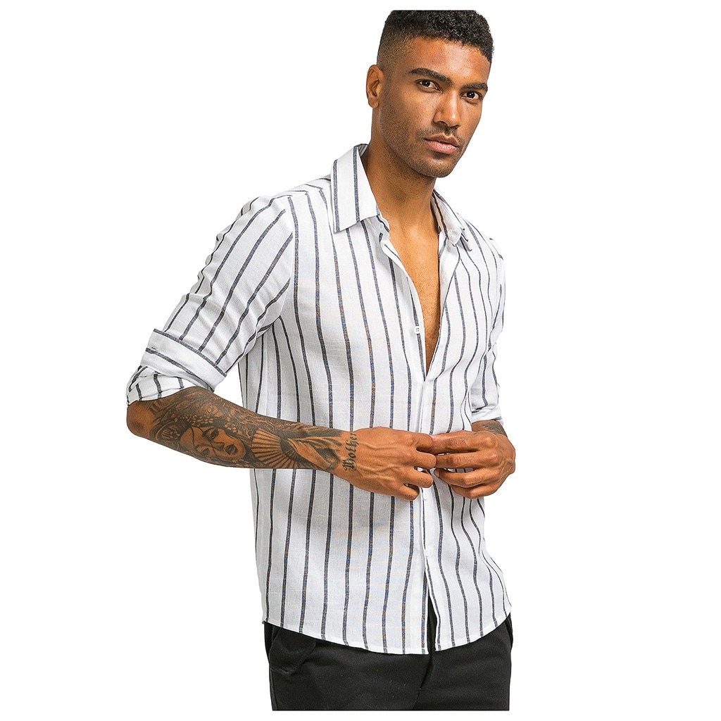 Mens Casual Printed Striped Button Slim Fit Men's Casual Long Sleeve Shirt Blouse Tops camisa masculina camisas hombre #ES: White / XXL