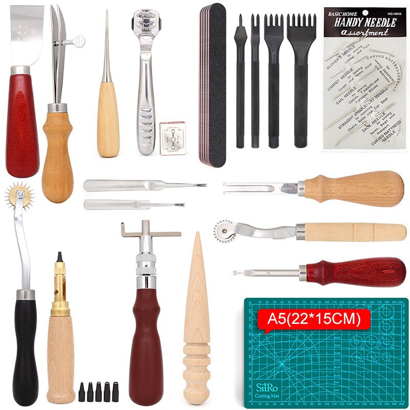 Leather Kit Leathercraft Working Tool Kit with Cutting Mat Saddle Making Tool Set Prong Punch Knife for Leather Craft Making DIY: Tool Sets and A5