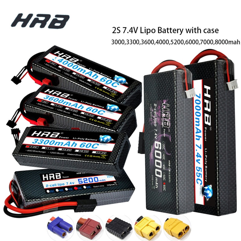 HRB 2S 7.4V RC Lipo Battery 3300mah 4200mah 6000mAh 7000mah 8000mah 100C Hard Case For Traxxas 1/10 Scx10 1/12 RC Monster Cars