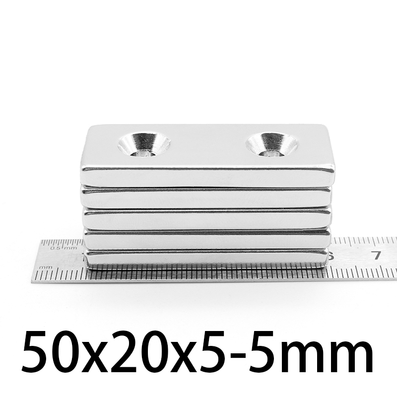 Imán de tierra rara de hoja grande, bloque de imanes permanentes de 50x20x5-5mm, potente imán magnético, 2 agujeros, 5mm, 2-10 Uds.