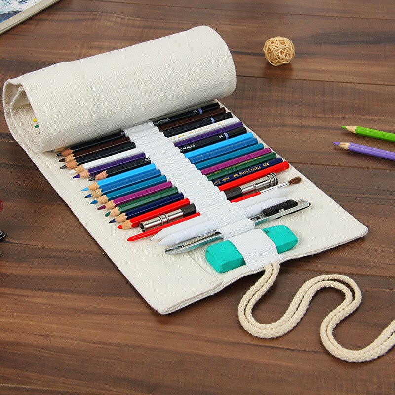 36/48 hål diy soild pennväska canvas pennfodral målning ritning stationär rulle påse smink pensel pennhållare förvaring etui