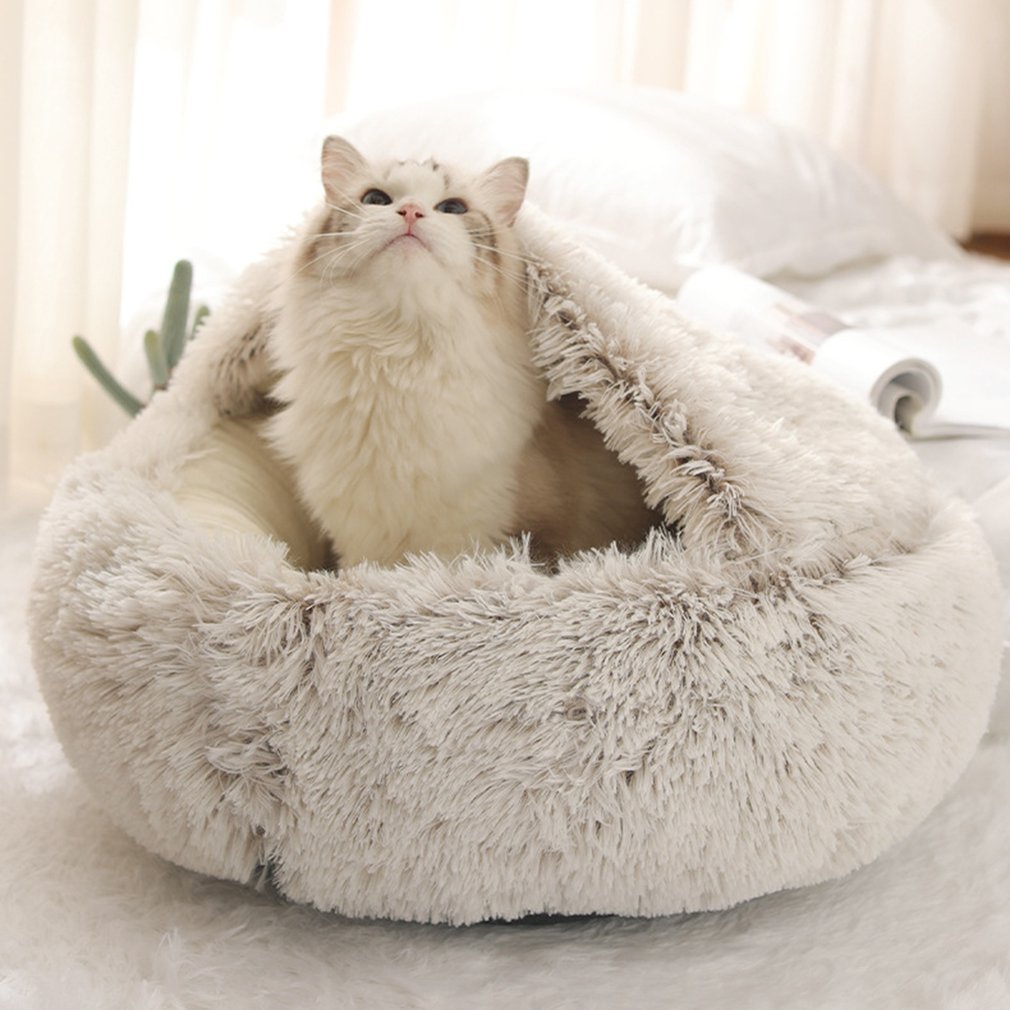 Stijl Hond Kat Bed Ronde Pluche Cat Warm Bed House Zachte Lange Pluche Bed Voor Kleine Honden Voor katten Nest 2 In 1 Kat Bed