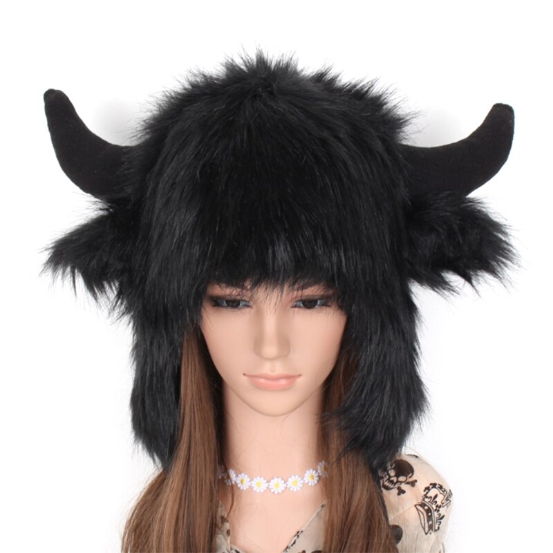 Women Men Winter Furry Plush Snow Trapper Hat Cute Ox Horns Deer Antlers Fluffy Animal Cap with Ear Flap Cosplay Earmuff: B