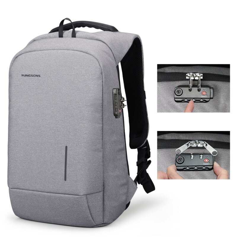 Kingsons KS3149W 13.3 15.6 inches External USB Charging Laptop Backpacks School Backpack Bag Men Women Travel Bags: light gray lock / 15.6 inch