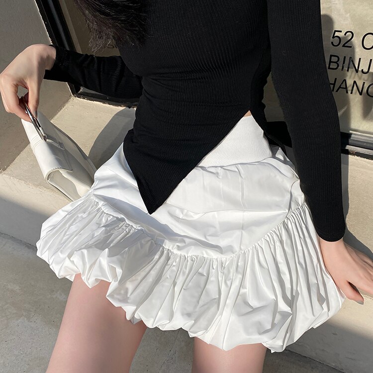 Black Wrap Rokken Vrouwen Zomer Koreaanse Onregelmatige Plisse Puffy Mini Rok Vrouwelijke Witte Hoge Taille Slanke Bud Korte Rok Plus size