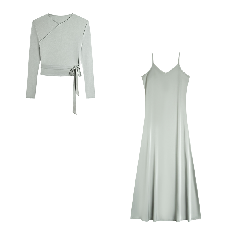 VEITCHE 2025 mujer vestido largo traje de algodón con cuello en V Top de punto con cinturón + falda larga de tirantes de Color sólido satinado: XXL / Verde