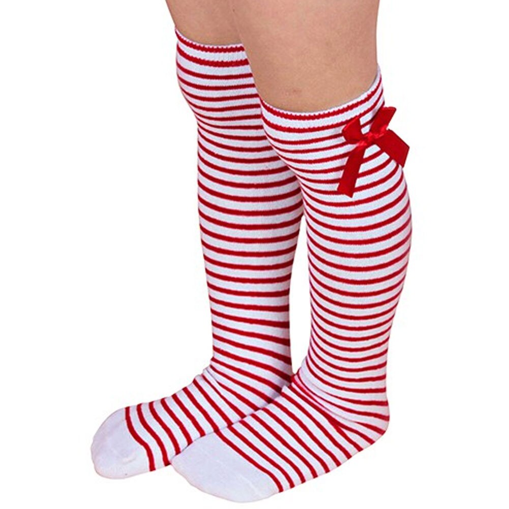 1 Pair of Kids Girls Solid Color Striped Bow Stockings Elastic Over the Knee Long Socks Girl Knee Socks: Red White Stripe