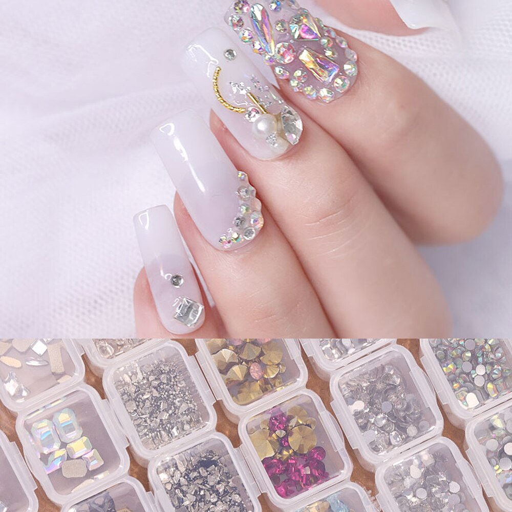 Ensemble d'accessoires pour ongles à 28 grilles, poire/métal/coque/résine/cristal strass pour manucure/bricolage, Kit de décorations pour Nail Art # DXM12