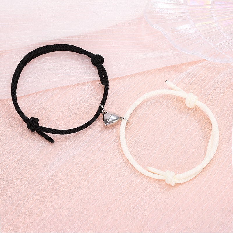 2Pcs/Set Minimalist Lovers Heart Matching Friendship Bracelet Rope Braided Couple Magnetic Distance Bracelet Kit Lover Jewelry