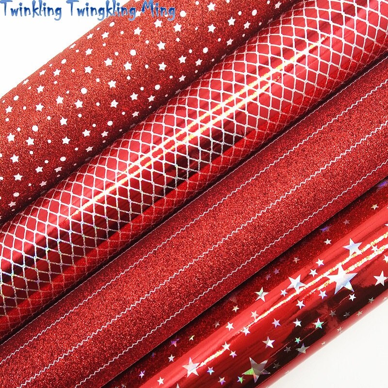 Rood glitterleer, sterrenstrepen bedrukt glitterleer, imitatielakstof voor strik  a4 21 x 29cm twinkling ming  km168