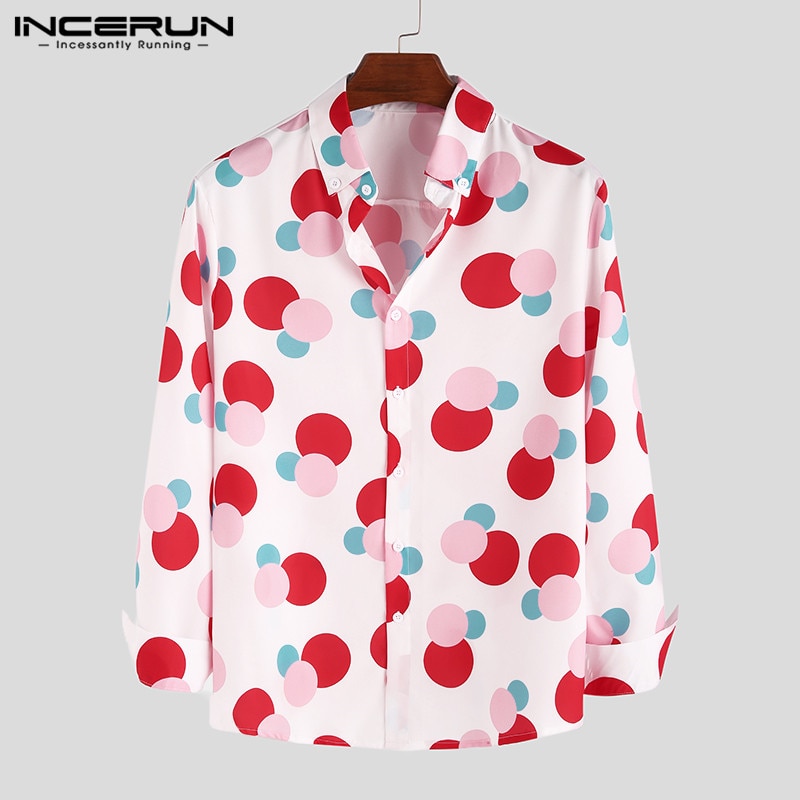 INCERUN Men Harajuku Polka Dot Printed Long Sleeve Shirts Lapel Collar Button Down Blouse Camisa Masculina: M