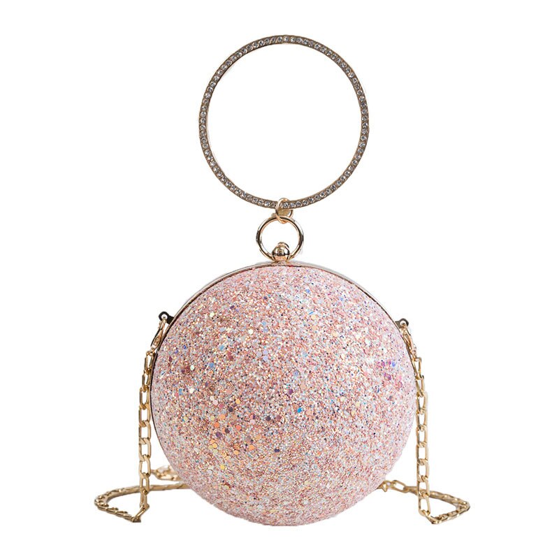 Women Evening Day Clutch Colorful Crystal Diamonds Round Ball Shaped Clutches Lady Handbag Wedding Purse Chain Shoulder Bag: Pink