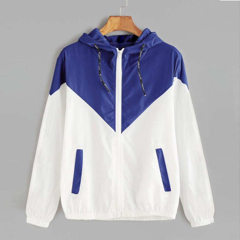 Vrouwen Basic Jassen Vrouwelijke Rits Zakken Casual Lange Mouwen Jassen Herfst Capuchon Twee Tone Windjack: Blauw / XL
