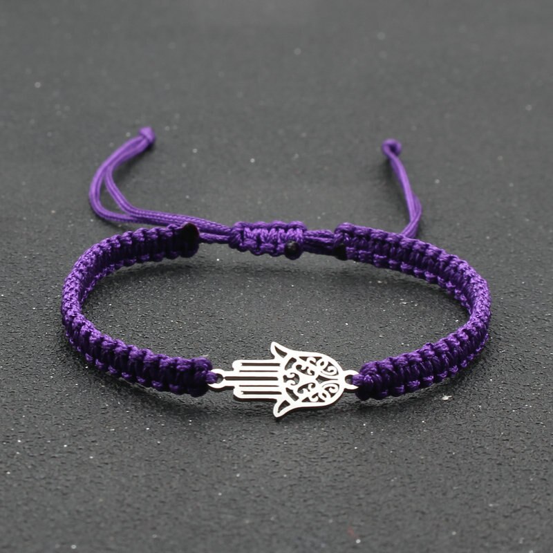 handgefertigt Geflochtene rot Gewinde Seil Armbinde Edelstahl Fatima Hand Charme Armbänder für Frauen Männer Paare Freundschaft Schmuck: Violett