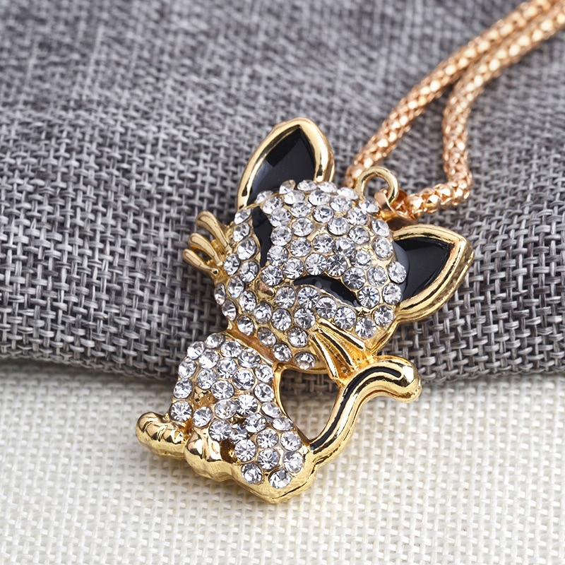 Pretty Rhinesto Kat Ketting Voor Vrouwen Gold Filled Emaille Crystal Lange Trui Chain Kettingen Hangers Christmas Voor Meisje