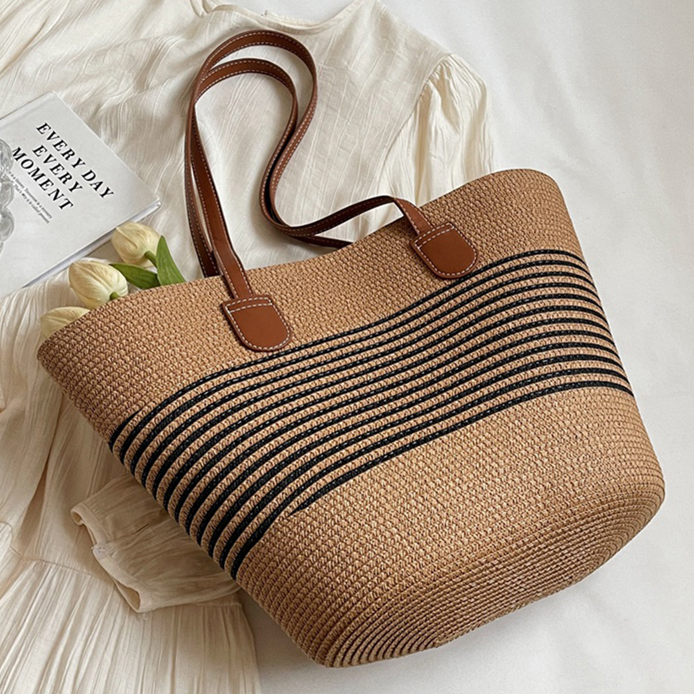 Dame tote taske med lynlås stribe vævet ferietaske stor kapacitet håndlavet taske ensfarvet til shopping arbejde strandtaske: Khaki