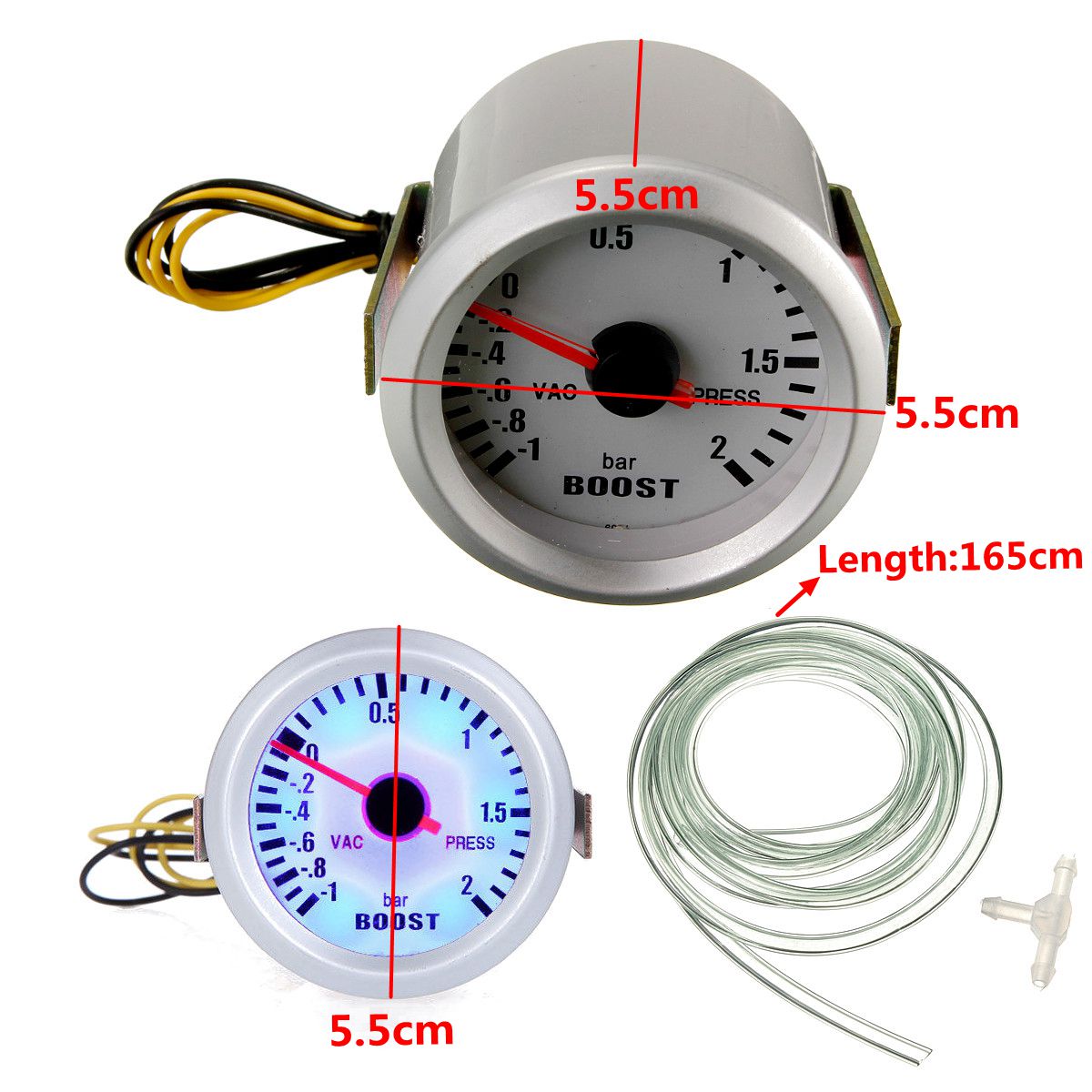 12V Auto Gauge 2 "52Mm Bar Boost Gauge -1 ~ 2 Bar Vacuüm Druk Meter Blauw licht Zwart Velg Turbo Druk Meting
