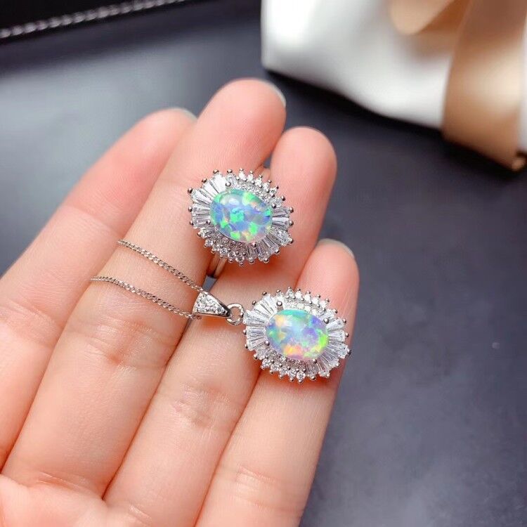 MeiBaPJ Natural Opal Gemstone Sunflower Ring and Necklace 2-Pieces Siut for Women Real 925 Sterling Silver Fine Jewelry Set