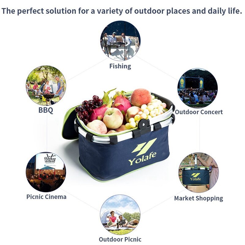 Yolafe isolado cesta de piquenique azul marinho dobrável piquenique tote impermeável almoço sacos 10l/80 libras portátil shoppin