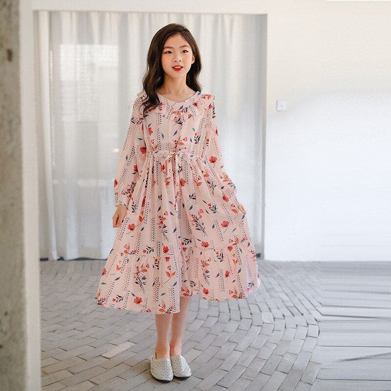 kids girls floral print spring summer chiffon flare midi dress 6 to 16 years kids teen girl v-neck ruffle dresses