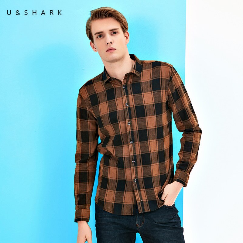 U&SHARK Men Vintage Plaid Shirt Long Sleeve Flannel Black Checkered Casual Shirts Chemise Homme Male Cotton Brown