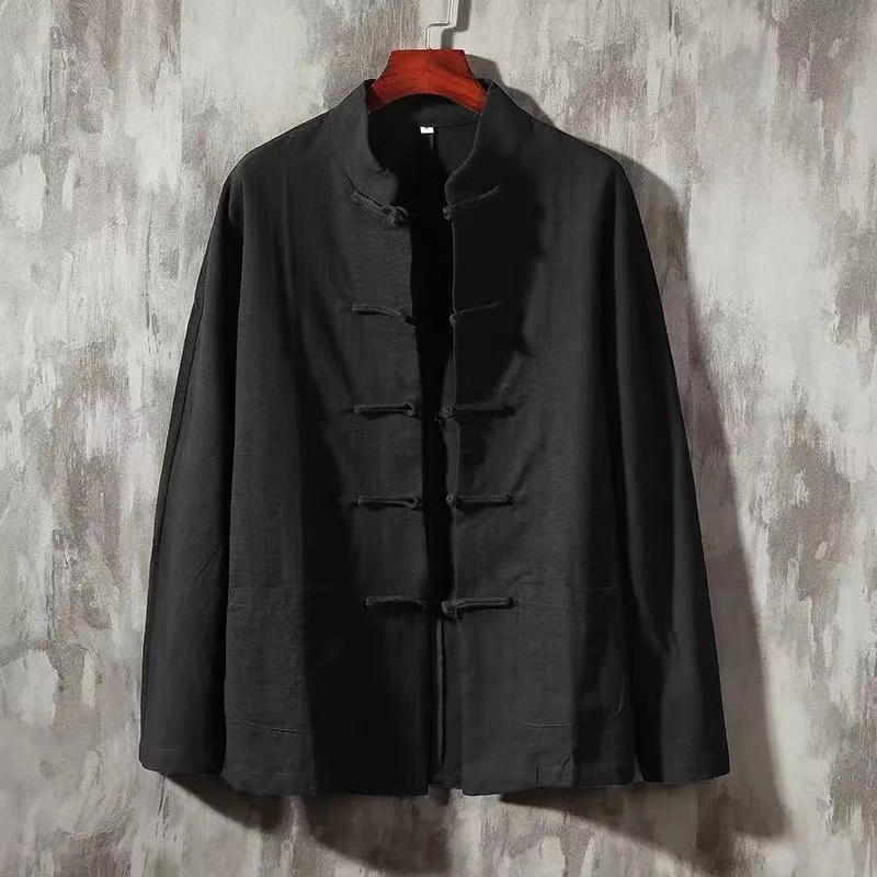 XXXXXL-Blusa holgada de algodón y lino para hombre, camisa de manga larga sin cuello, con botones de rana, talla grande, M-5XL de gran tamaño