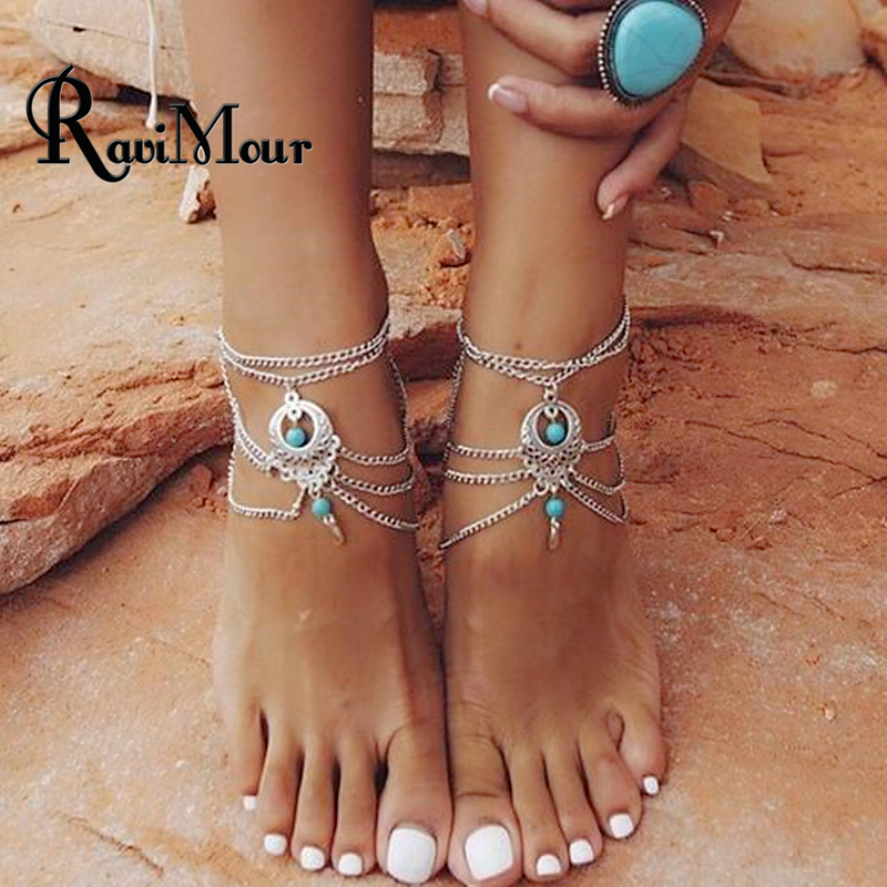 RAVIMOUR-pulsera de tobillo Vintage para mujer, de Color plateado, joyería para pies, sandalias descalzas, tobillera para mujer, Cheville Bijoux