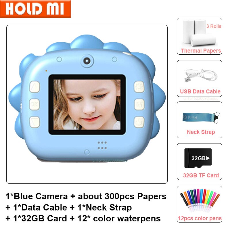 Fotocamera per bambini WIFI stampa istantanea fotocamera stampante termica Wireless WIFI telefono stampante 32GB Card 1080P HD giocattolo per fotocamera digitale per bambini: 32GB-pen-blue