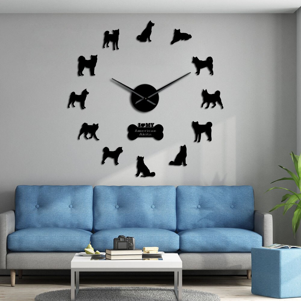 American Akita Dog Breed Wall Clock American Hakita Puppies Silhouette Wall Art Stickers Frameless DIY Large Clock Wall Watch