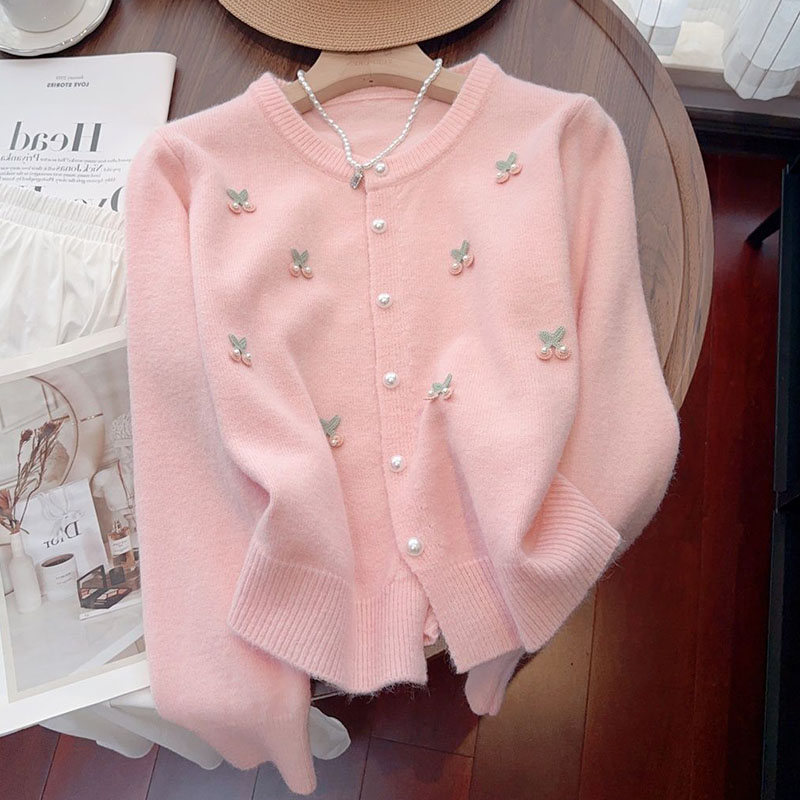Rosa søte perler dekorerer genser cardigan dame koreansk trykk o-hals strikkegenser dame langermede matchende strikkede topper: Rosa