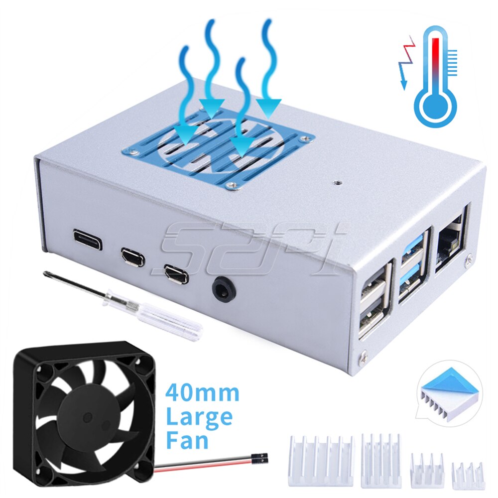 52Pi Version! Iron Alloy Black Metal Case with 4010 Super Cooling Quiet Fan Heatsink for Raspberry Pi 4 B Pi 4 Model B: Silver