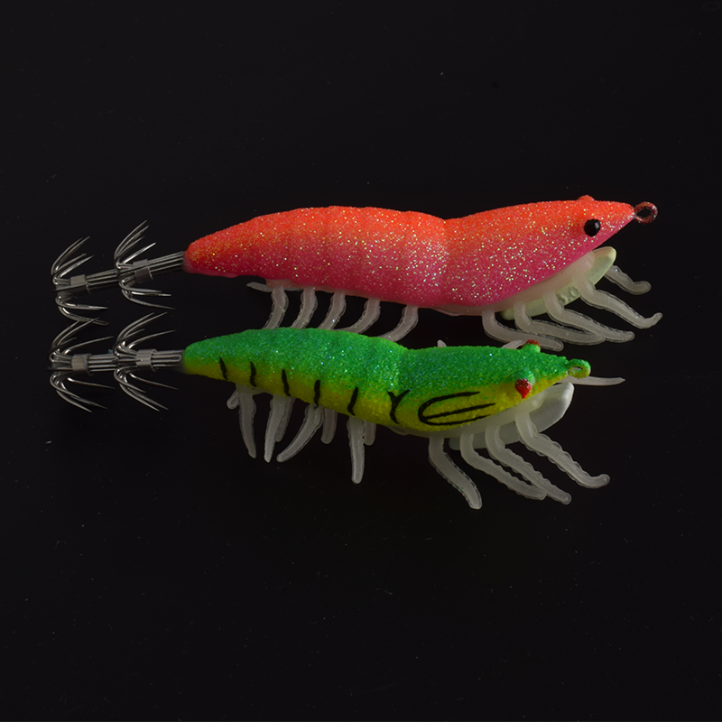 Gancho luminoso de imitación de madera para camarones y calamar No. 2,5 No. 3,5 calamar calamar camarones de pie blando pesca en el mar lua cebo fluorescente