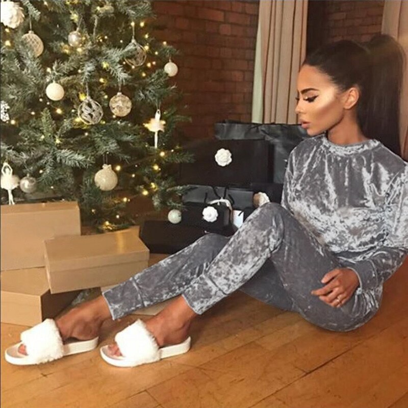 Autumn Women Warm Velvet 2 Two Piece Set Tracksuit Velor Smooth Soft Home Suit Women Fitness Set: light grey / XL