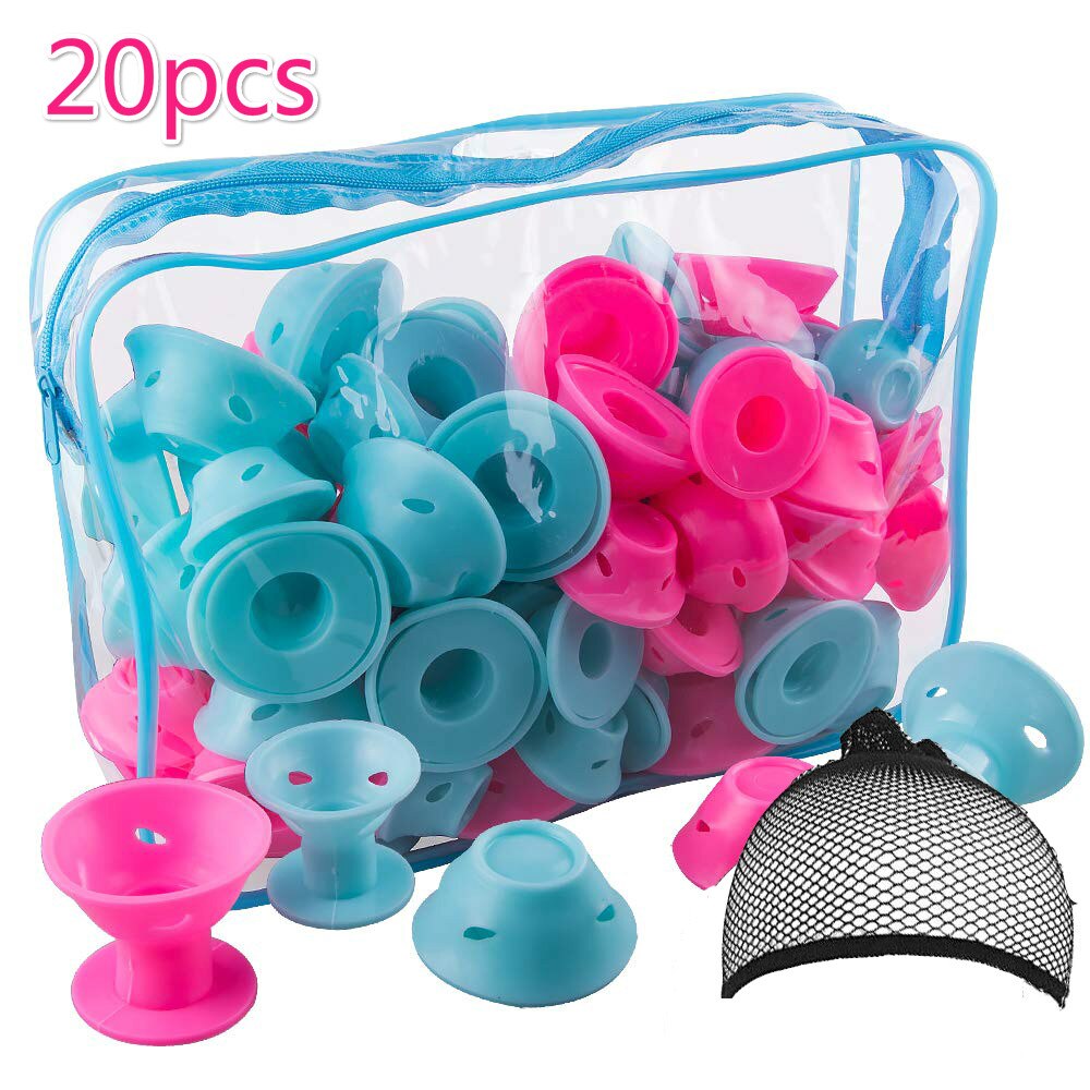 60 Stck Haar Rollen Silikon Blau Rosa Haar Lockenwickler einstellen Weiche Gummi Magie Haar Curler Modeler Heatless Haircurlers: Blau Rosa gemischt 20pc