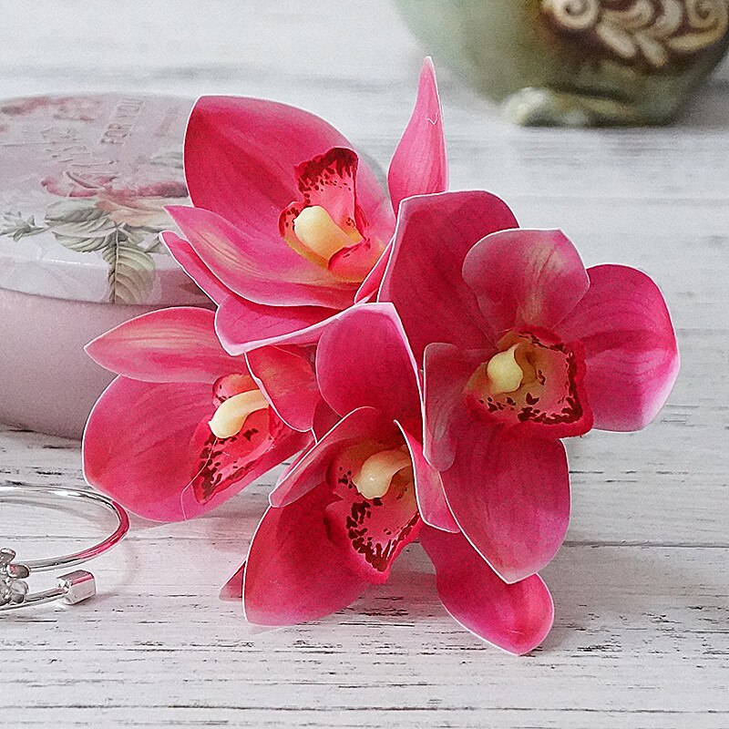 Ramo de novia de orquídeas blancas, flores artificiales de látex, álbum de recortes DIY, Decoración de casa, 4 Uds. Por paquete: Deep pink