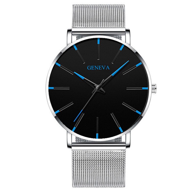 Heren ultradunne horloges minimalistische eenvoudige heren zakelijke roestvrijstalen mesh band quartz horloge relogio masculino: Zilverblauw