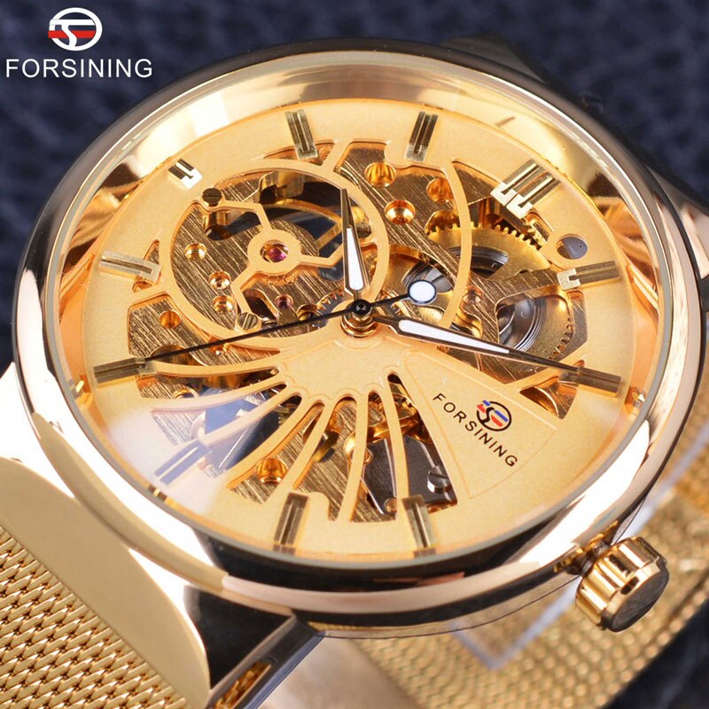 Forsining Luxe Dunne Case Unisex Waterdicht Heren Samll Wijzerplaat Horloges Top Luxe Mechanische Skelet Horloges: Golden