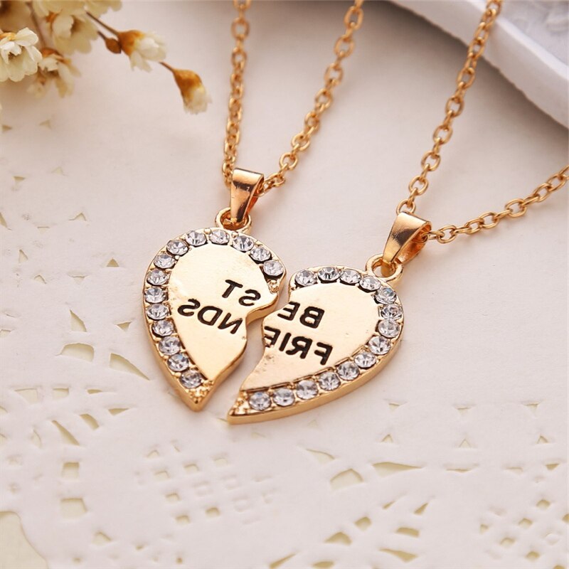 Unisex 2 Pcs BFF Necklace Women Crystal Heart Pendant Best Friend Letter Necklace Couple Necklace Men Friendship Jewelry: Gold