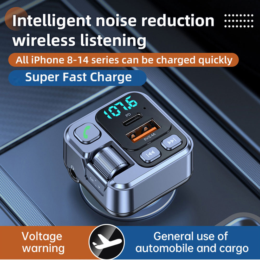 Bluetooth 5.1 bil fm-sender bil  mp3 stereo musikafspiller håndfri 3.5mm aux trådløst bilsæt 30w pd usb-c hurtigoplader