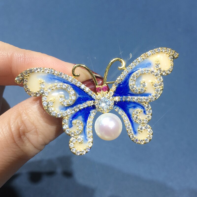 ZHBORUINI Natürliche Süßwasser Perle Brosche Gericht Stil Vintage Emaille Schmetterling Brosche Perle Schmuck Für Frauen Nicht Verblassen