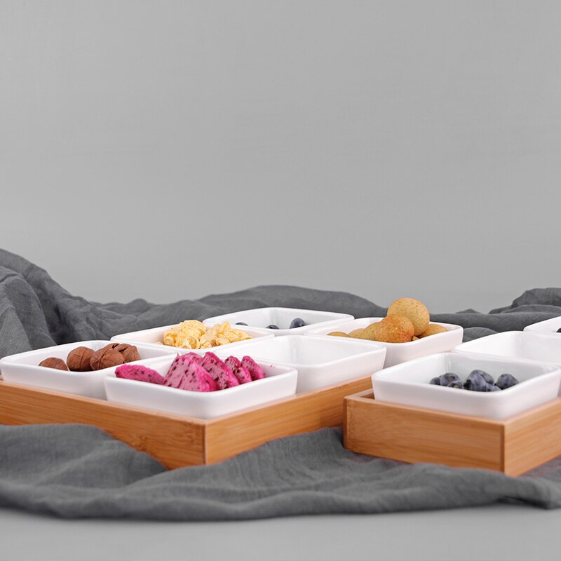 Plato de caja de cerámica rectangular japonés de bambú para postre y fruta seca plato de caja múltiple bandeja de para golosinas y aperitivos secos bandeja para postres y té