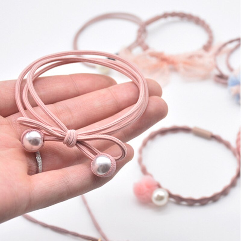 12Ps/Set Elastic Hair Bands For Hair Tie Blue Pink Women Girls Korean Flower Pearl Hair Bands Ponytail Holder Hair Accessories
