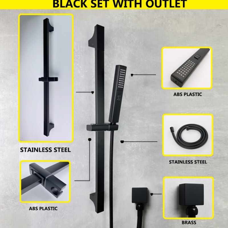 2 Functions ABS Hand Shower Sliding Bar Set Bathroom Fixture Adjustable Holder with Brass Connector Plug Chrome Matt Black: Black W Outlet