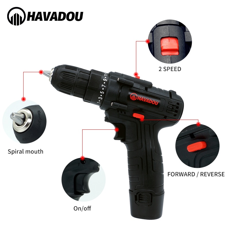 HAVADOU Drehmoment Cordless Auswirkungen Bohrmaschine Schraubendreher 12V 2 Geschwindigkeit Mini Power Fahrer