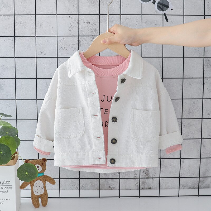 Frühling Revers Denim Baby Jungen Mantel freundlicher Langarm Strickjacke Cowboy Jacken Weiß Blau Kleinkind freundlicher lässig Oberbekleidung 1- 4 jahre