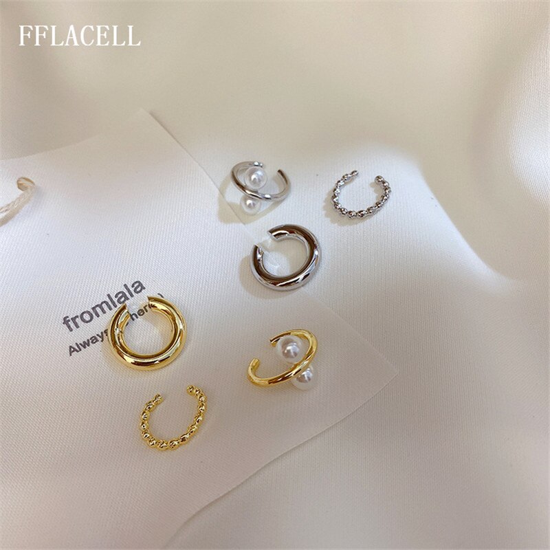 FFLACELL 1set Korea Simple Pearl Ear Cuff Earring Geometric Circle C Shape Metal Ear Bone Clip Earrings For Women Jewelry