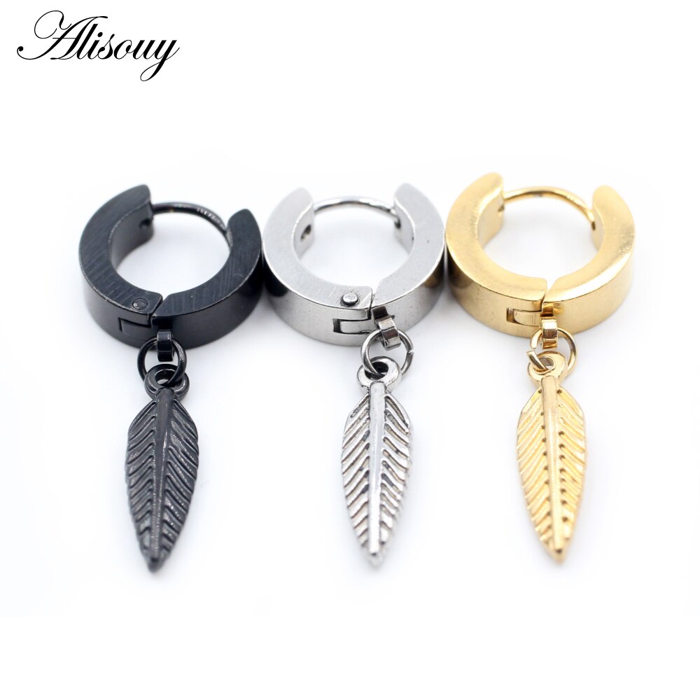 Alisouy 2 Stuks Punk Rvs Stud Huggie Oorringen Voor Vrouwen Mannen Leaf Feather Dangle Oorbellen Hiphop Goth Oor oorbellen