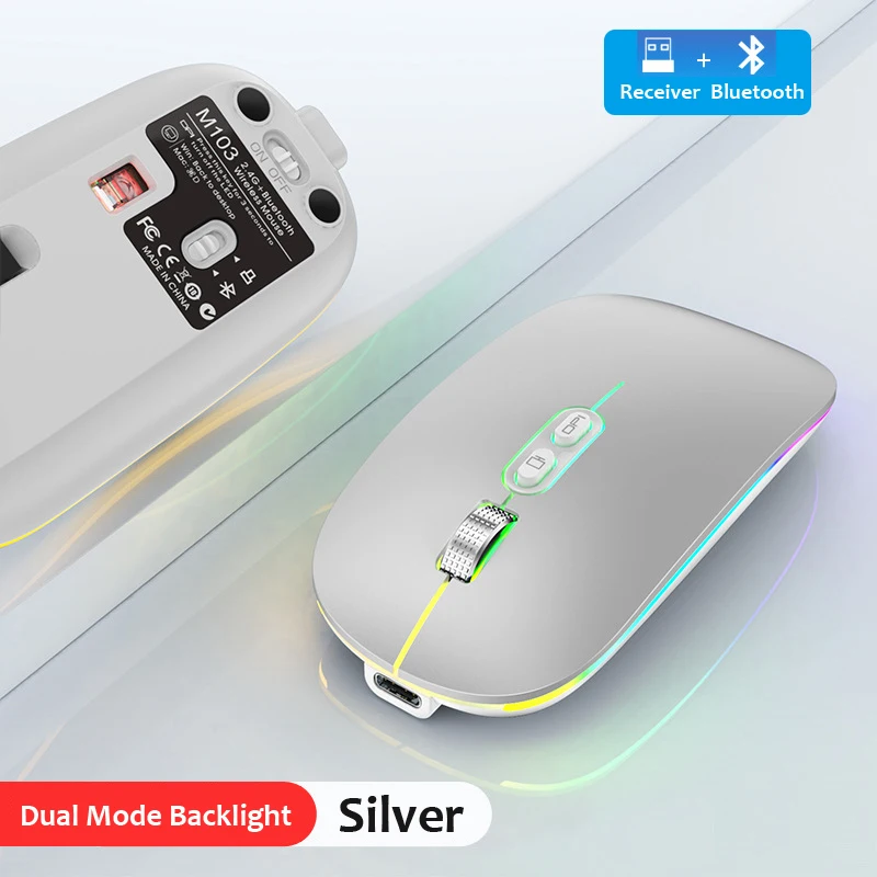 Dual Mode Bluetooth 2.4G Draadloze Muis One-Click Desktop Functie Type-C Oplaadbare Stille Achtergrondverlichting Muizen Voor Laptop Pc Nieuw: Zilver