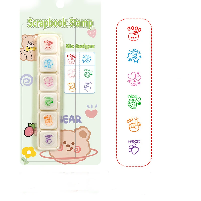 Sellos de almohadilla de tinta de prensa para niños, sellos de recompensa de tinta automática Kawaii, sello para incentivar, manualidades, papelería coreana, suministros de oficina, 6 diseños